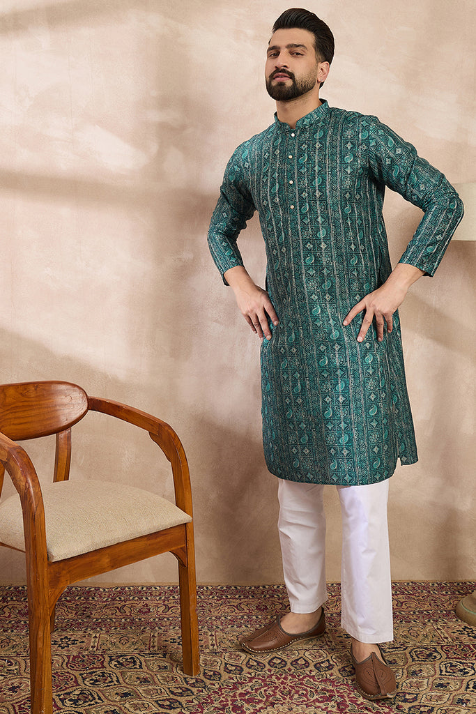 Green Silk Blend Ethnic Motifs Printed Straight Kurta MKU1996