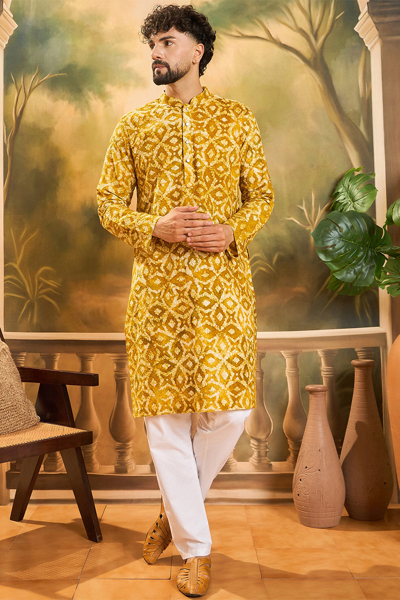 Yellow Pure Cotton Shibori Embroidered Straight Kurta with Trouser MKSET1462