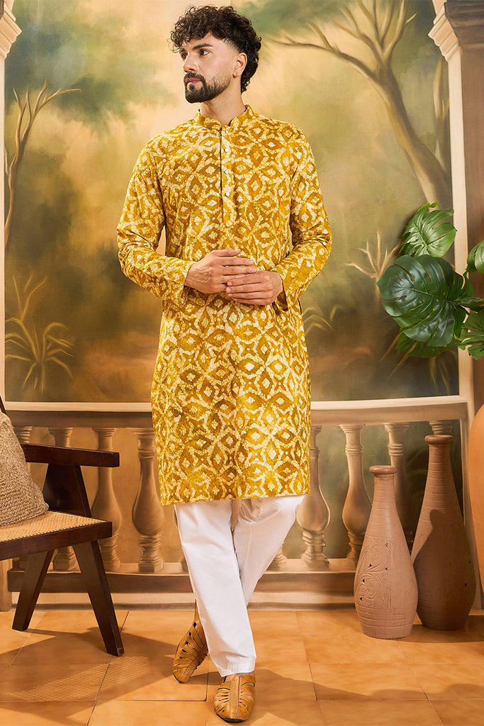 Yellow Pure Cotton Shibori Embroidered Straight Kurta with Trouser MKSET1462