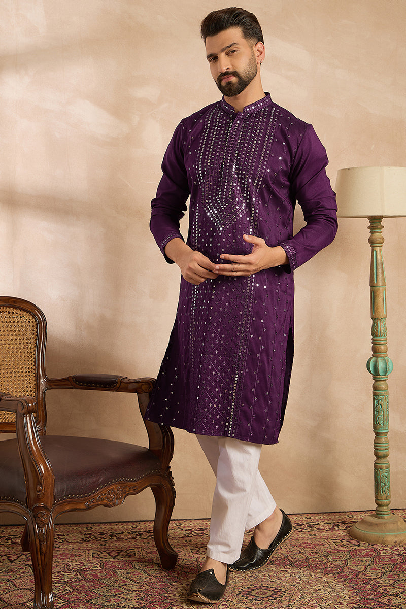 Purple Silk Blend Geometric Embroidered Straight Kurta With Trouser MKSET1687
