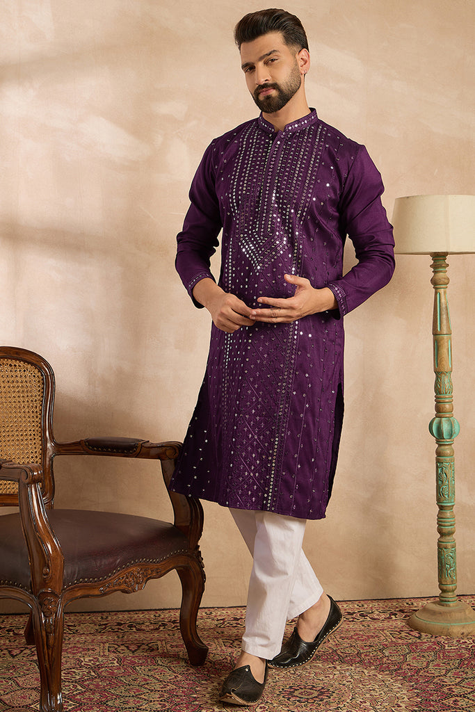 Purple Silk Blend Geometric Embroidered Straight Kurta With Trouser MKSET1687