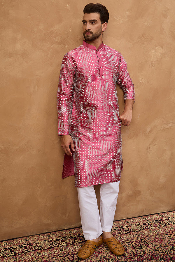 Pink Silk Blend Geometric Printed Straight Kurta MKU1526