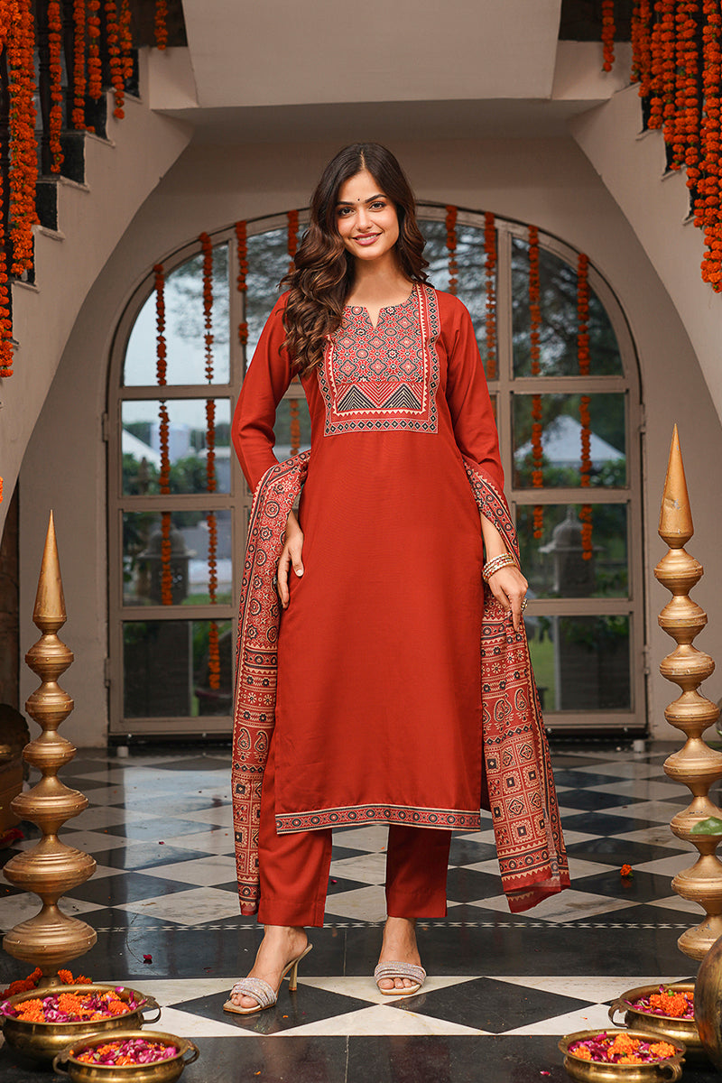 Brown Cotton Blend Ajrakh Printed Straight Kurta Trousers With Dupatta PKSKD3083