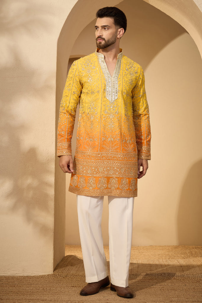Yellow Georgette Solid Embroidered V-Neck Kurta With Trouser MKSET2585
