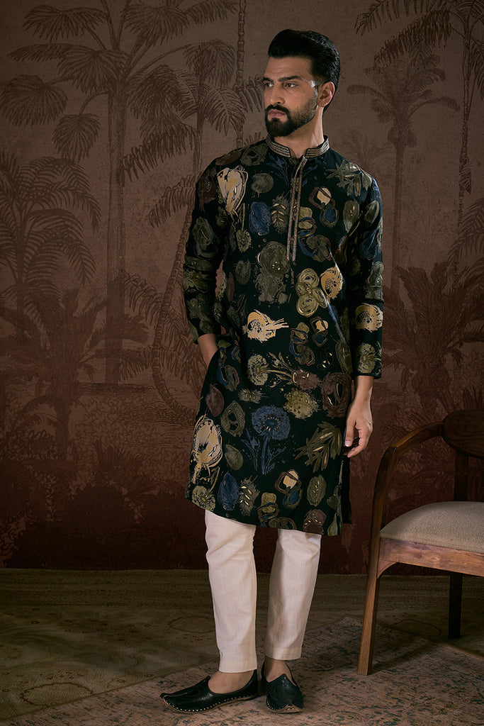 Black Silk Blend Floral Printed Straight Kurta With Trouser MKSET1960