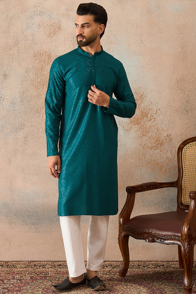 Turquoise Blue Rayon Embroidered Solid Straight Kurta With Trousers MKSET2184