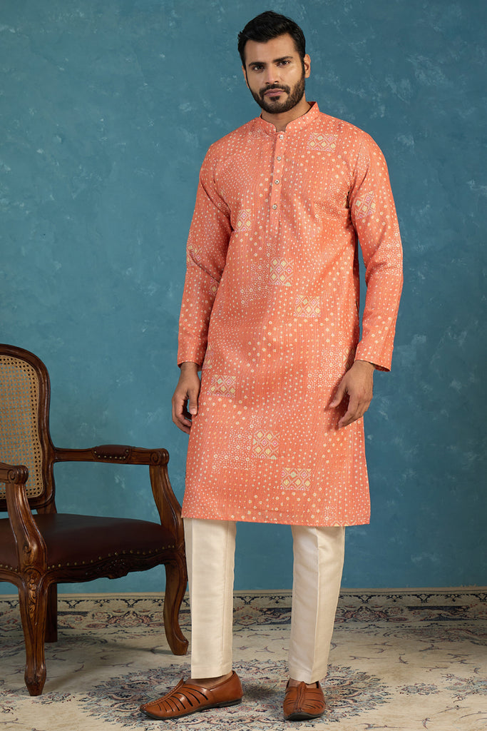 Orange Linen Blend Bandhani Printed Kurta With Trouser MKSET2638