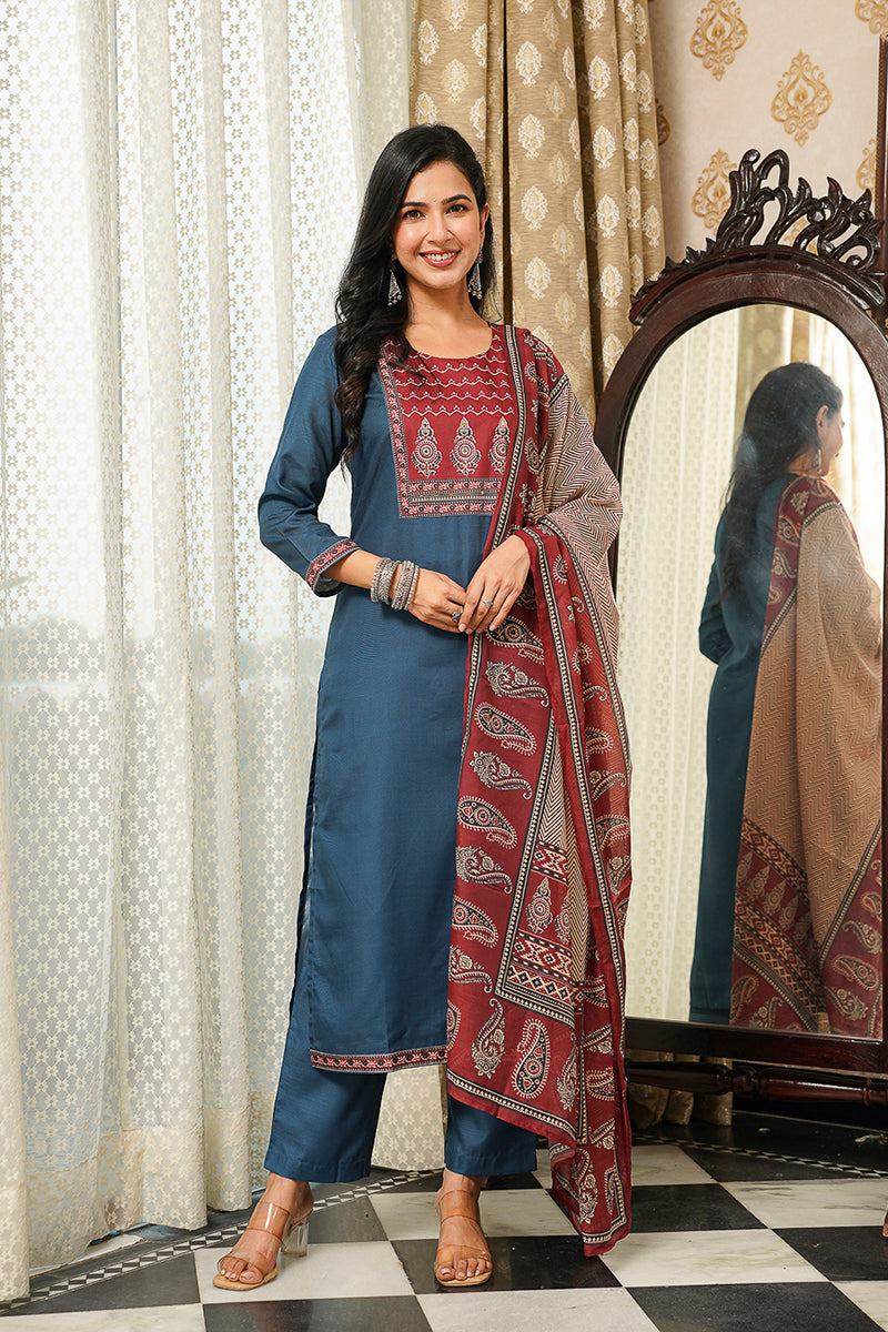 Blue Cotton Blend Ajrakh Printed Straight Kurta Trousers With Dupatta PKSKD3089