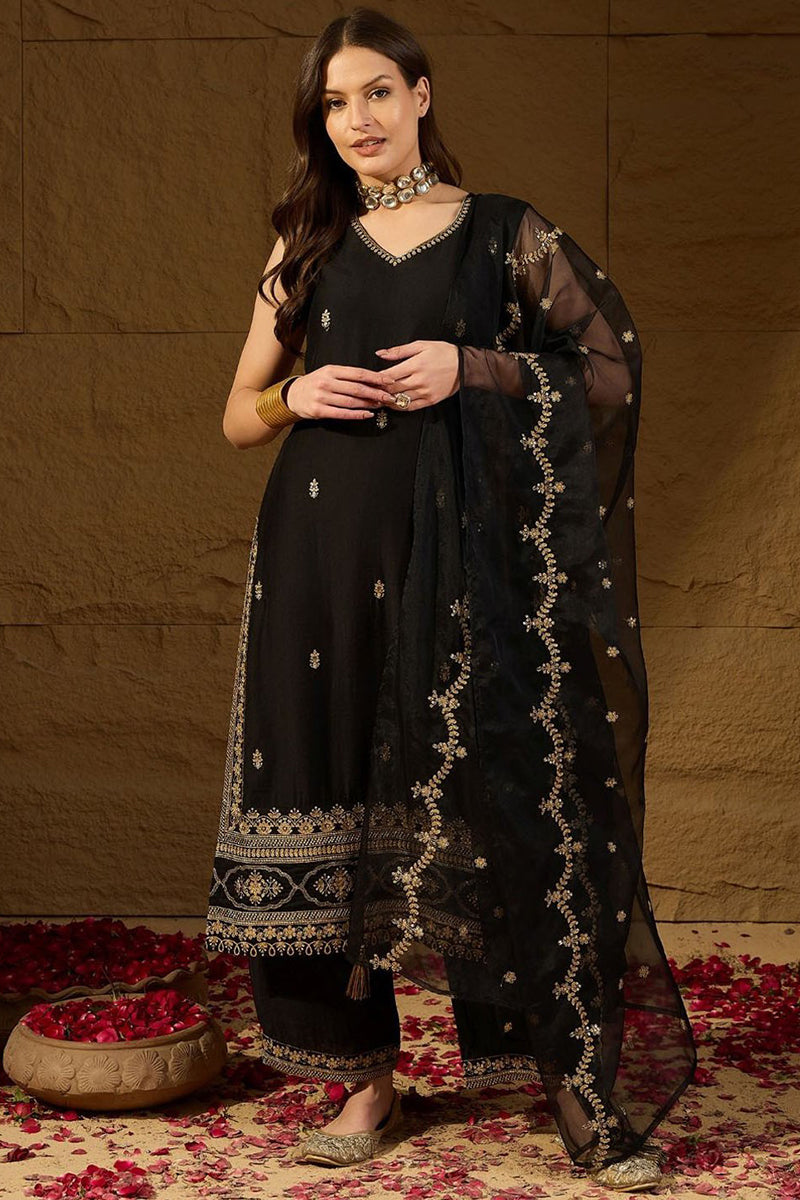 Black Silk Blend Embroidered Straight Kurta Palazzo With Dupatta HOPKSKD2722
