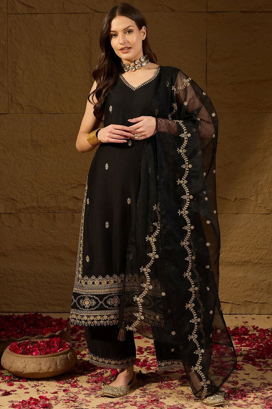 Black Silk Blend Embroidered Straight Kurta Palazzo With Dupatta HOPKSKD2722
