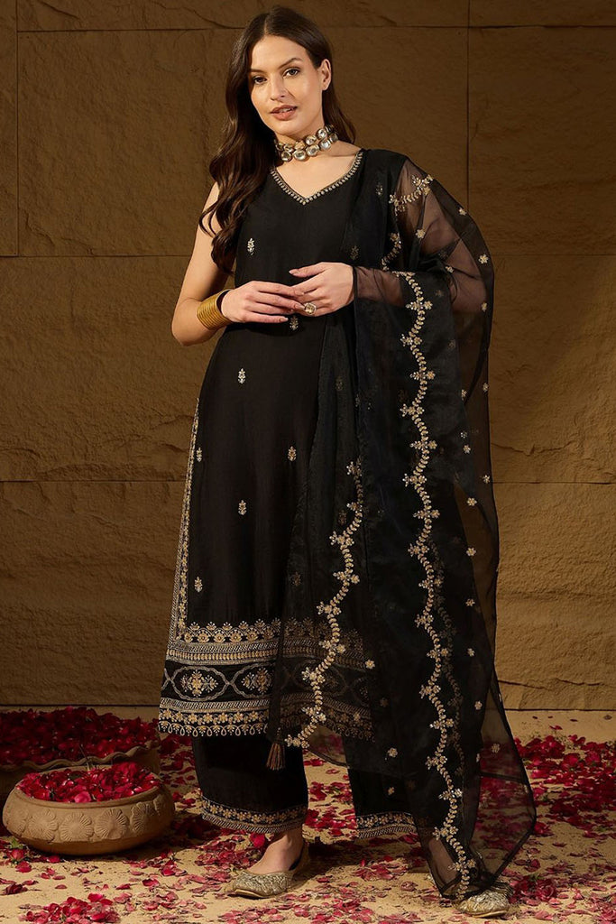 Black Silk Blend Embroidered Straight Kurta Palazzo With Dupatta HOPKSKD2722