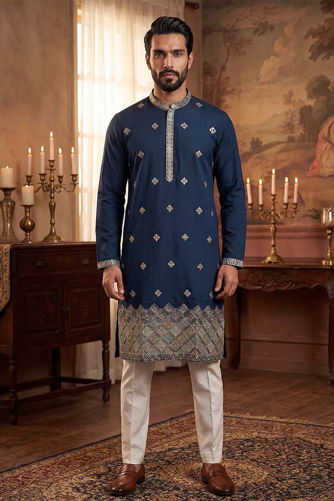 Silk Blend Blue Solid Embroidered Calf Length Straight Kurta MKU2099