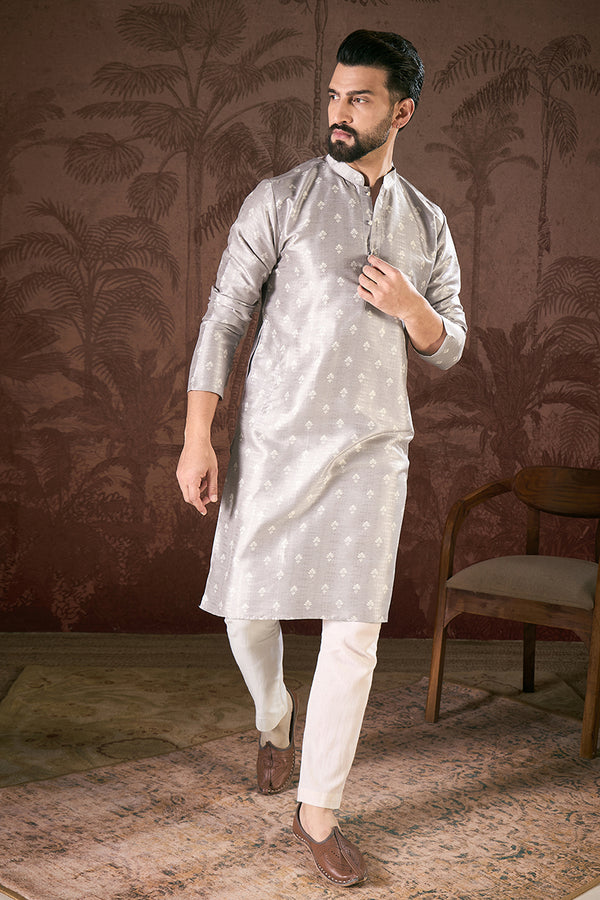 Grey Silk Blend Floral Printed Straight Kurta With Trouser MKSET1923