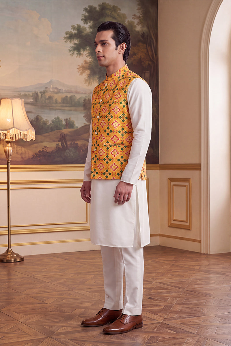 Yellow Silk Blend Patola Print Mandarine Collar Koti MKOT1050