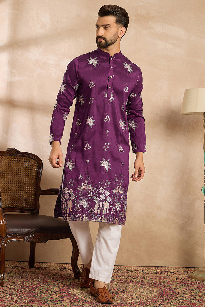 Purple Polyester Solid Embroidered Straight Kurta With Trouser MKSET1834