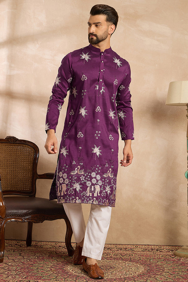 Purple Polyester Solid Embroidered Straight Kurta With Trouser MKSET1834