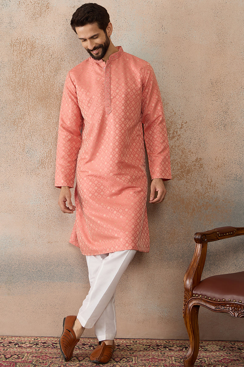 Coral Jacquard Ethnic Motifs Embroidered Kurta With Trouser MKSET2491