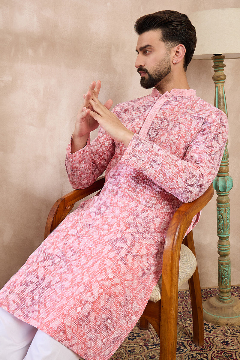 Pink Viscose Rayon Ethnic Motifs Embroidered Straight Kurta With Trouser MKSET1654