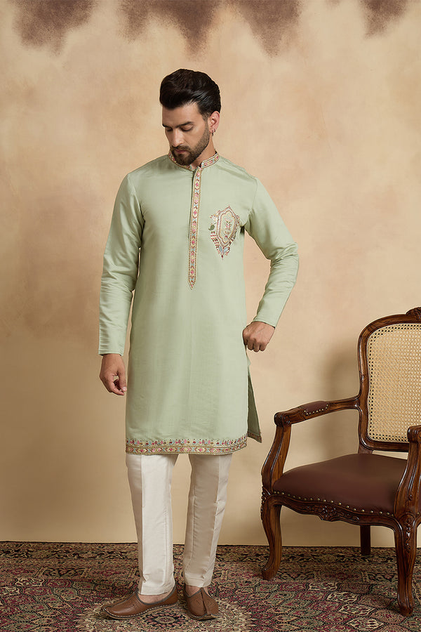 Green Silk Blend Solid Embroidered Sequins Kurta & Trouser With Dupatta MKPD1070