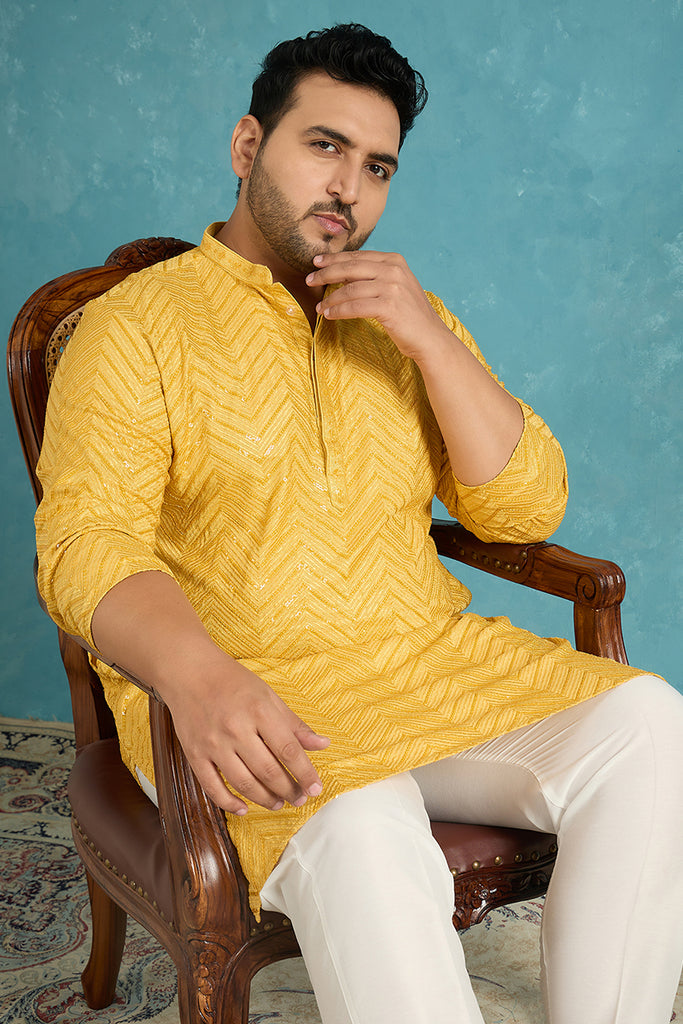 Yellow Viscose Rayon Solid Thread Work Embroidered Kurta MKU1204