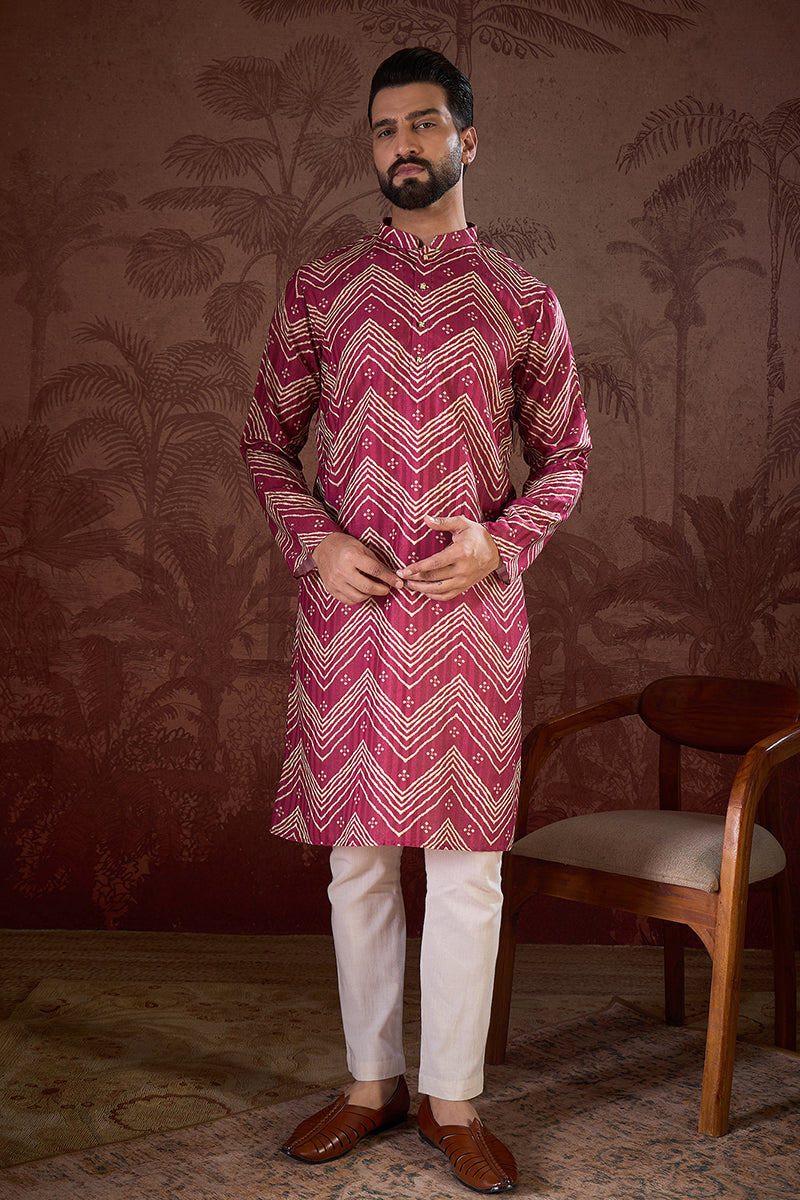 Magenta Silk Blend Chevron Printed Straight Kurta With Trouser MKSET1940