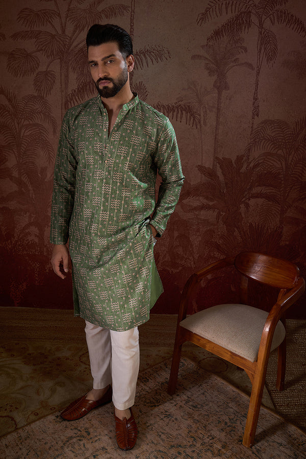 Green Silk Blend Ethnic Motifs Printed Straight Kurta With Trouser MKSET1951
