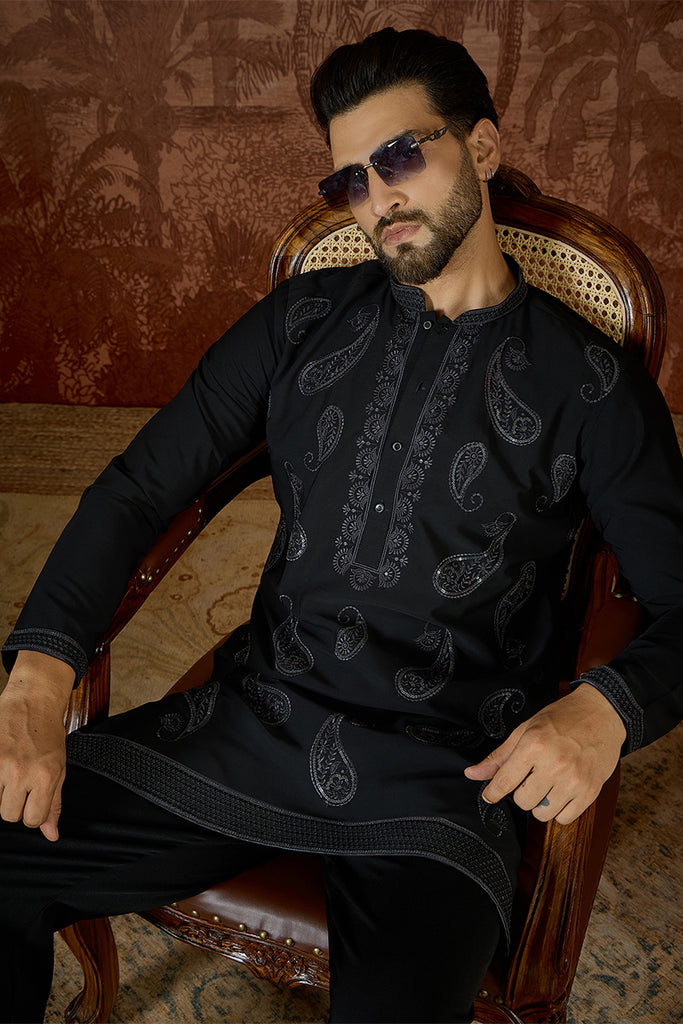 Black Silk Blend Solid Embroidered Kurta MKU2382