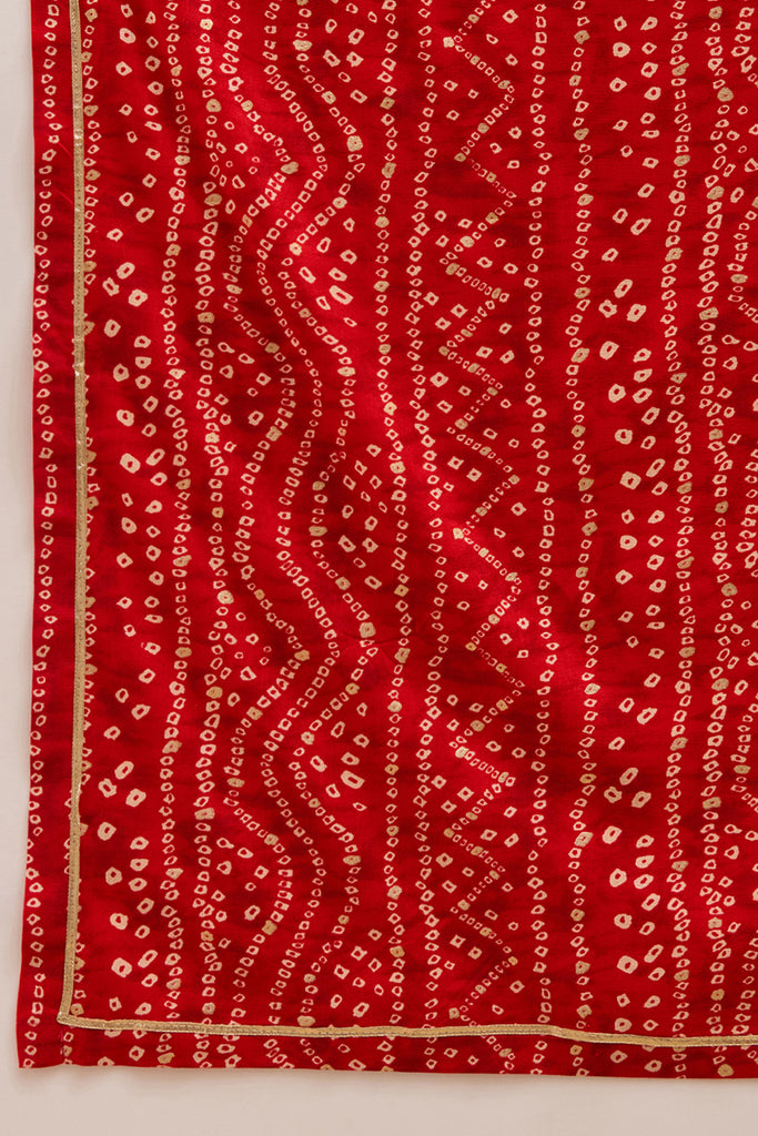 Red Viscose Rayon Bandhani Printed Mandarin Collar Kurta & Trouser With Dupatta MKPD1081