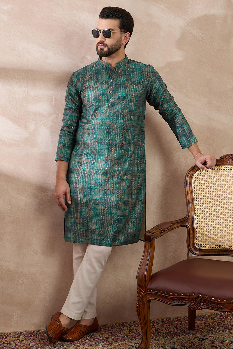 Green Silk Blend Printed Mandarin Collar Straight Kurta MKU2021