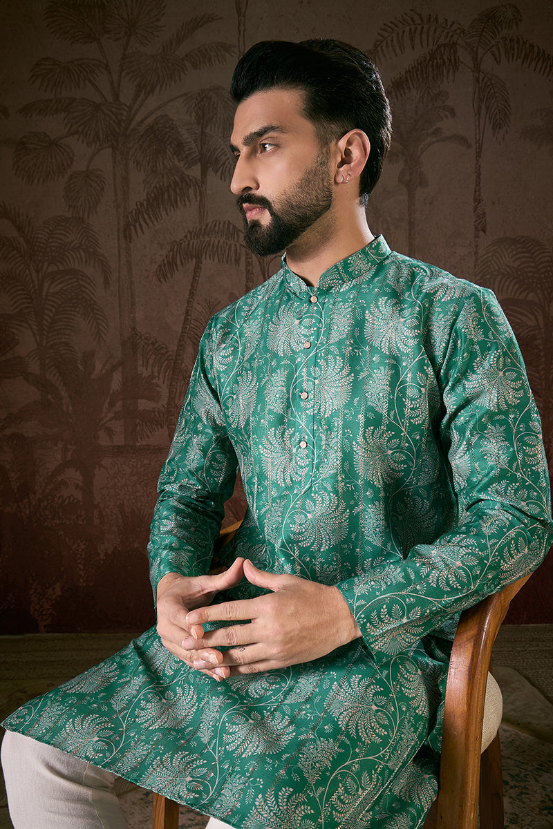 Teal Silk Blend Floral Printed Straight Kurta With Trouser MKSET1971