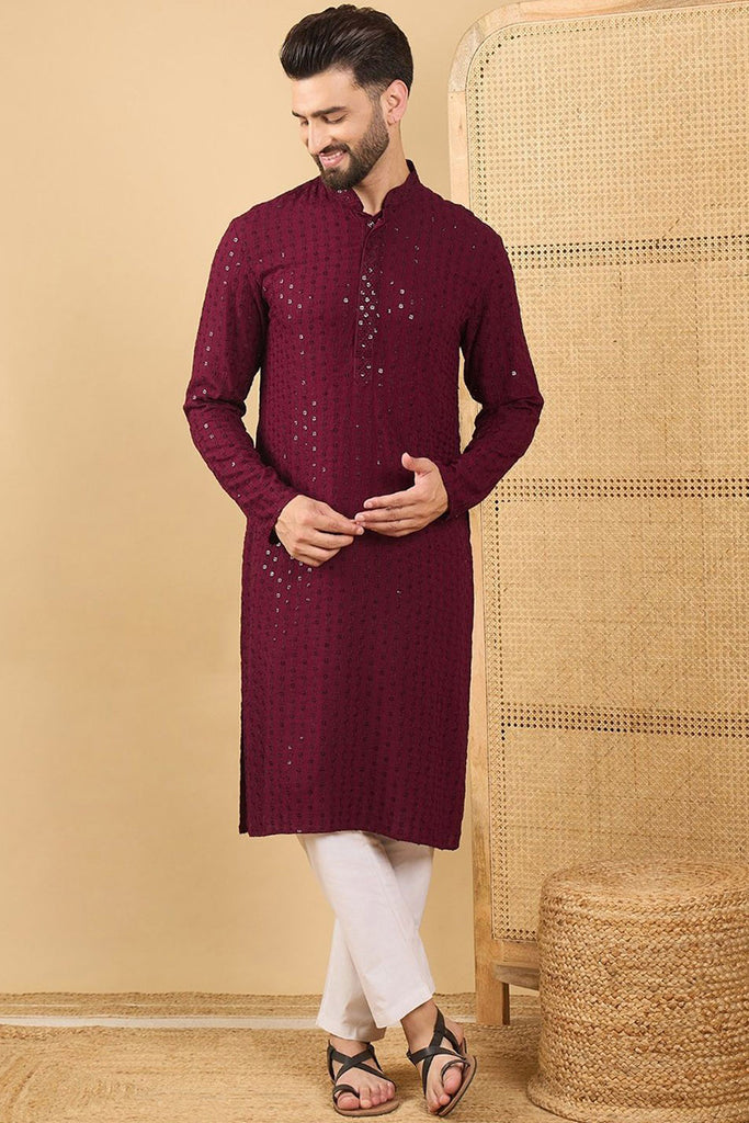 Ethnic Bay Maroon Viscose Rayon Solid Embroidered Straight Chikankari Kurta MKU1044