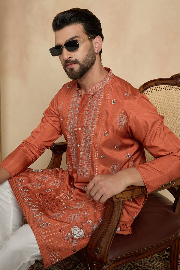 Orange Silk Blend Solid Embroidered Straight Kurta With Trouser MKSET2524