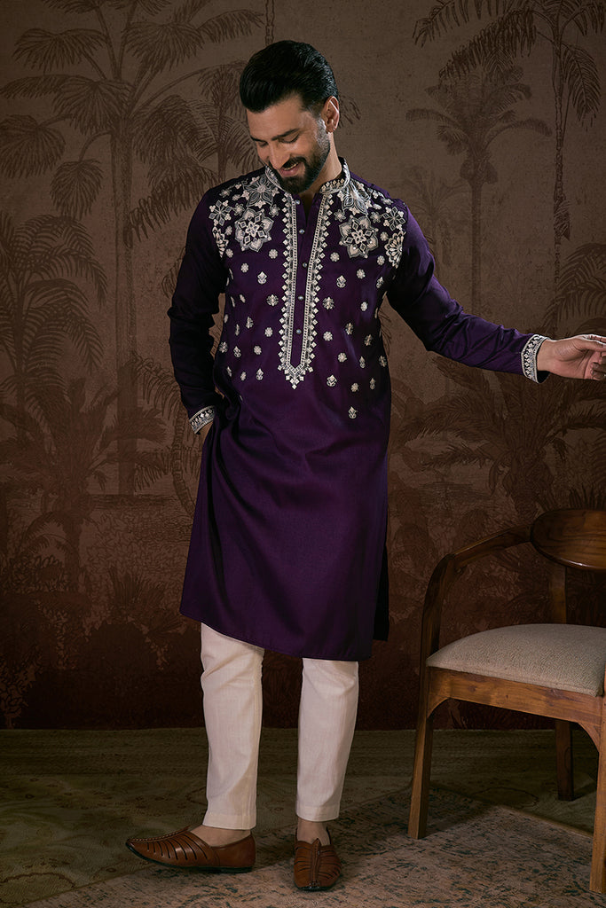 Purple Silk Blend Solid Embroidered Straight Kurta With Trouser MKSET1797