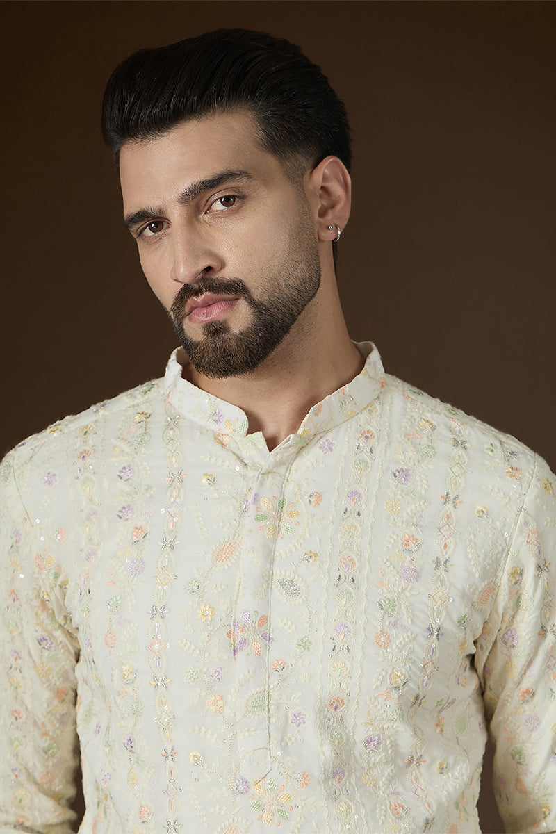 Off White Georgette Solid Embroidered Kurta MKU2732