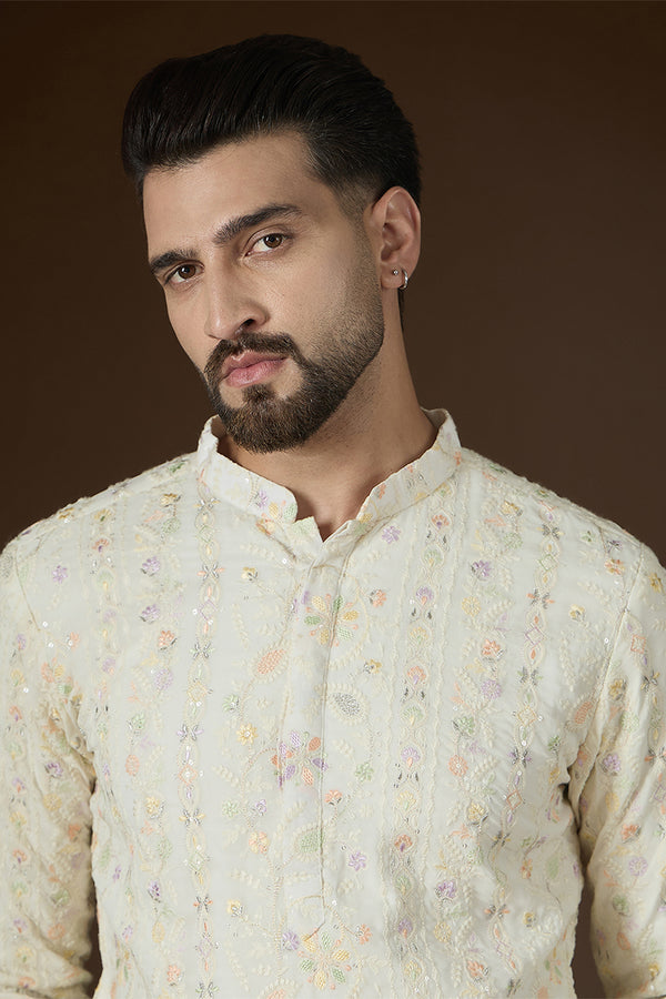 Off White Georgette Solid Embroidered Kurta MKU2732