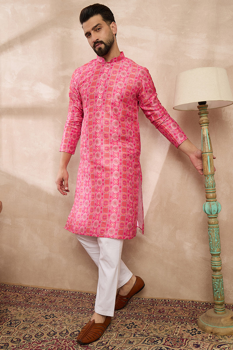 Pink Silk Blend Ethnic Motifs Printed Straight Kurta With Trouser MKSET1990