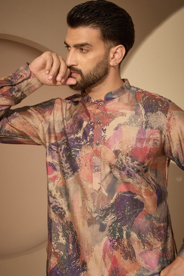 Multi Silk Blend Abstract Printed Mandarin Collar Kurta MKU2621