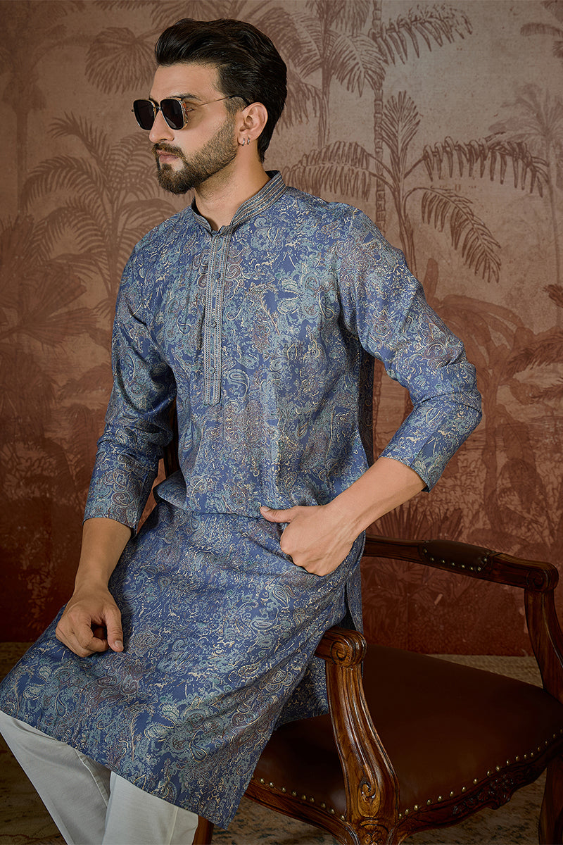 Blue Silk Blend Floral Embroidered Kurta MKU2504