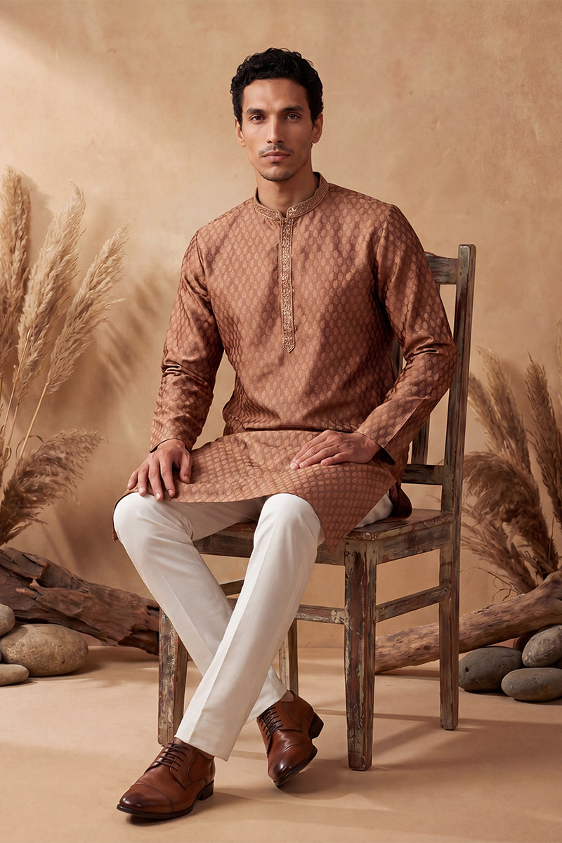 Brown Jacquard Woven Design Straight Kurta With Trouser MKSET2343