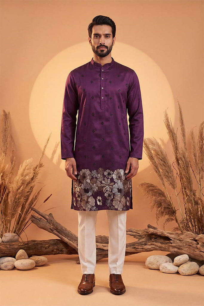 Violet Silk Blend Solid Embroidered Kurta MKU2104