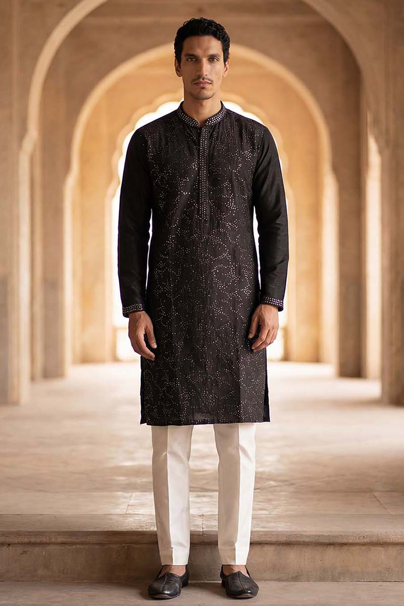 Silk Blend Black Solid Embroidered Calf Length Straight Kurta MKU2128