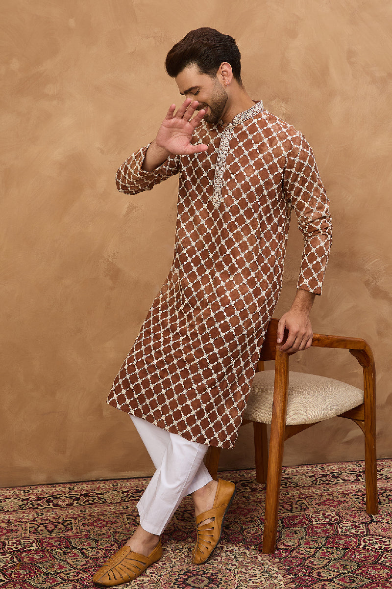 Brown Viscose Rayon Solid Embroidered Straight Kurta HMKU1535