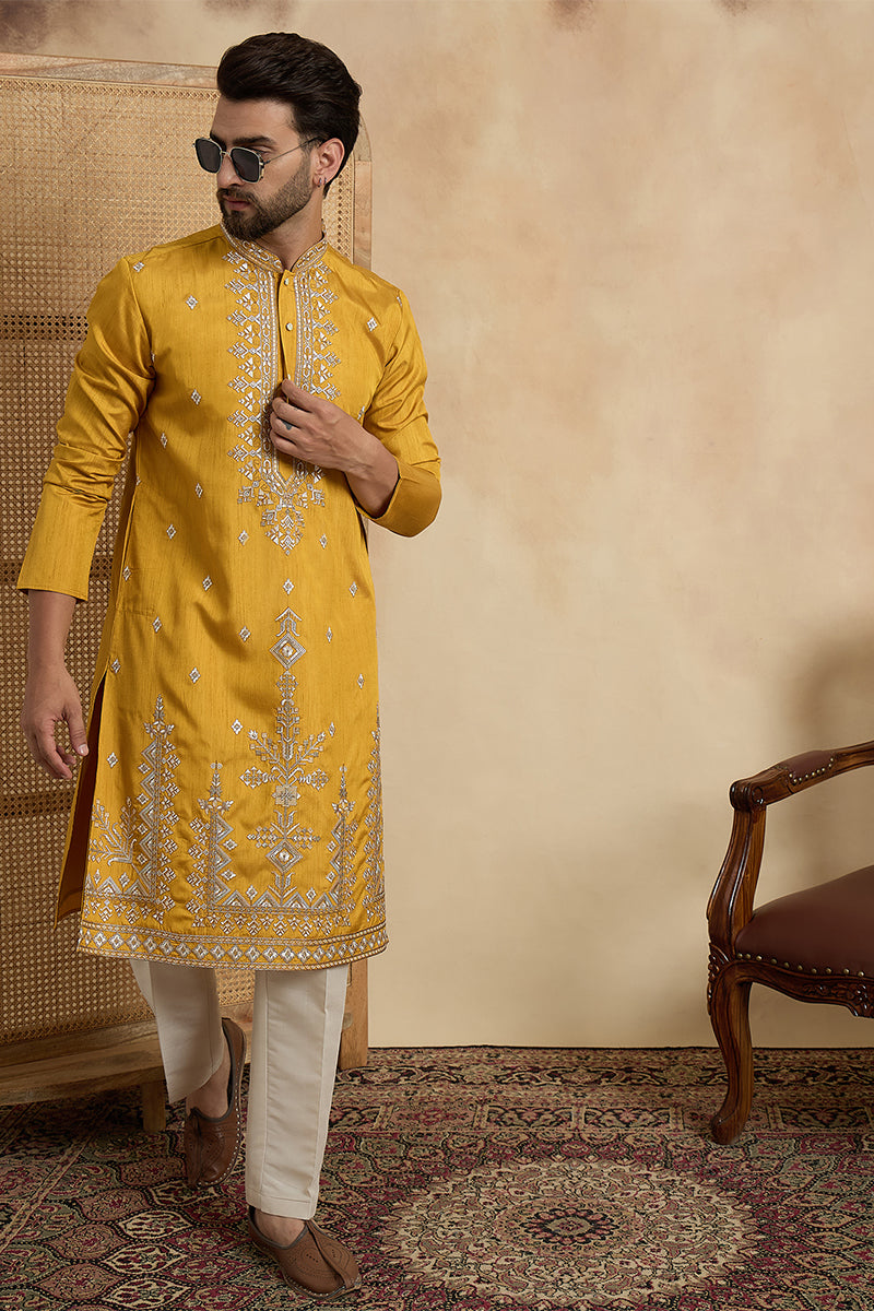 Yellow Silk Blend Solid Embroidered Straight Kurta With Trouser MKSET2525
