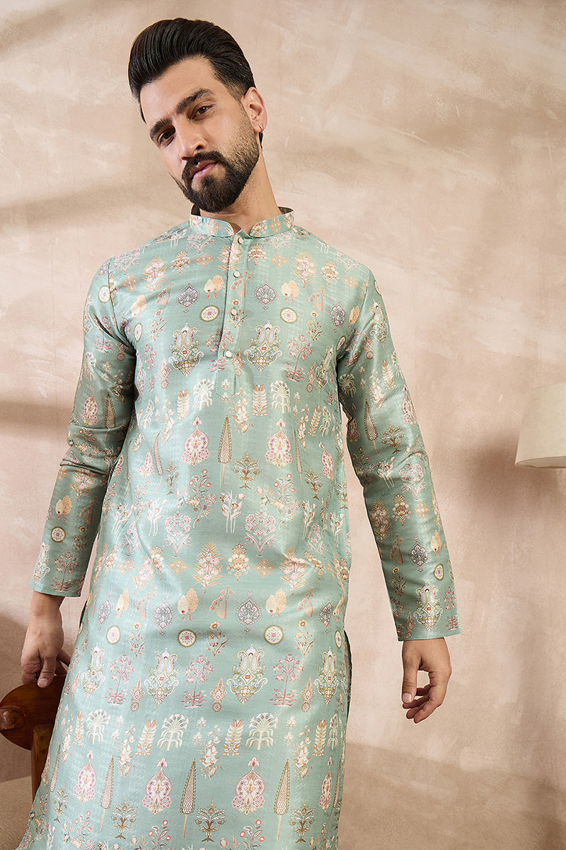 Green Silk Blend Floral Printed Straight Kurta MKU2011