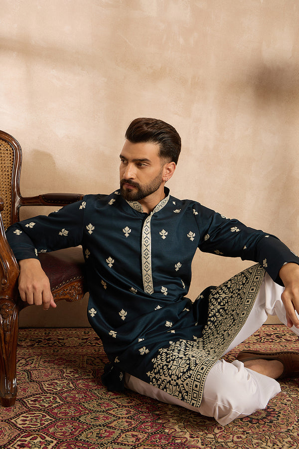 Navy Blue Polyester Solid Embroidered Straight Kurta MKU1810