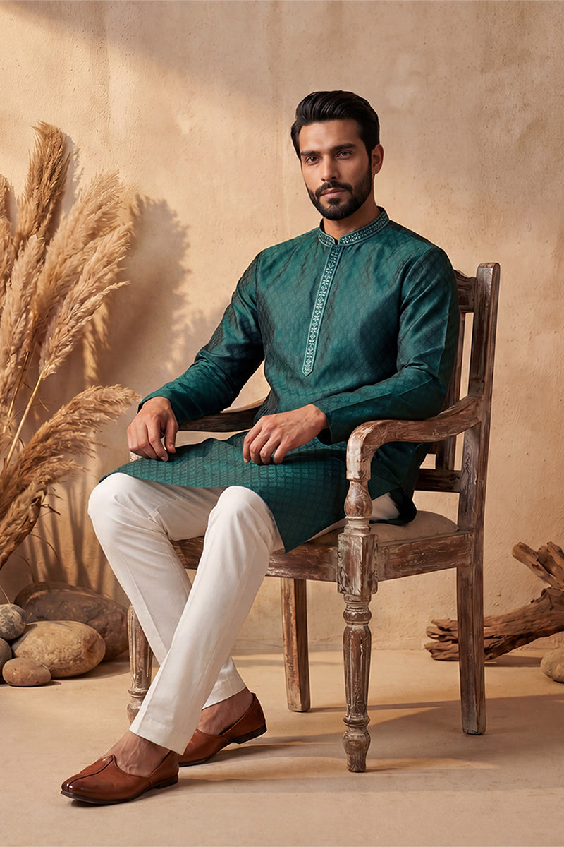 Green Silk Blend Woven Design Straight Kurta With Trouser MKSET1838