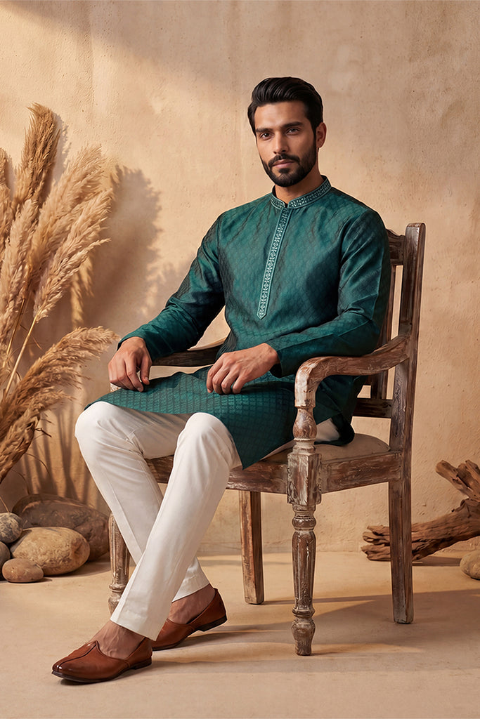 Green Silk Blend Woven Design Straight Kurta With Trouser MKSET1838