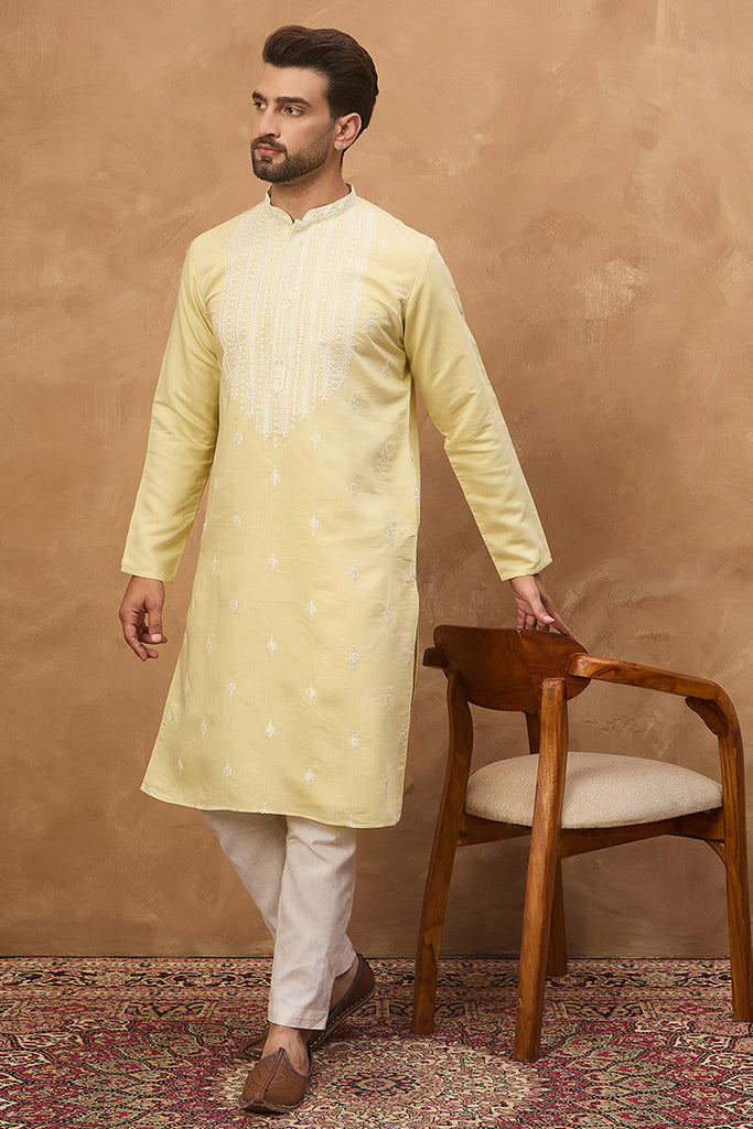 Yellow Silk Blend Solid Embroidered Straight Kurta MKU1509