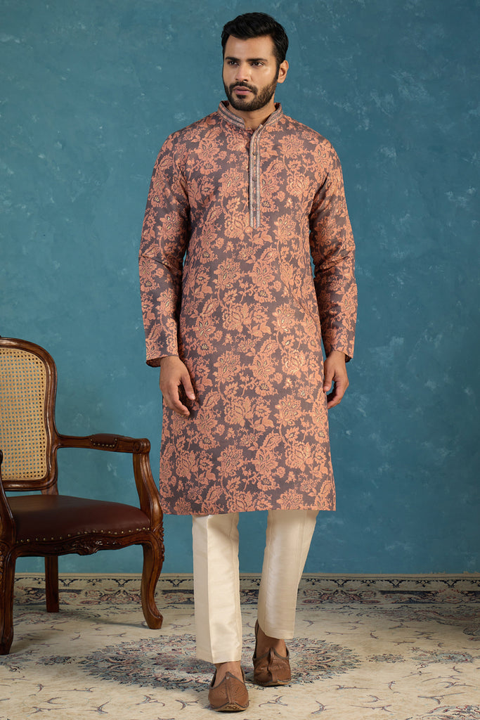 Grey Modal Floral Printed Calf Length Straight Regular Kurta With Trouser MKSET1980