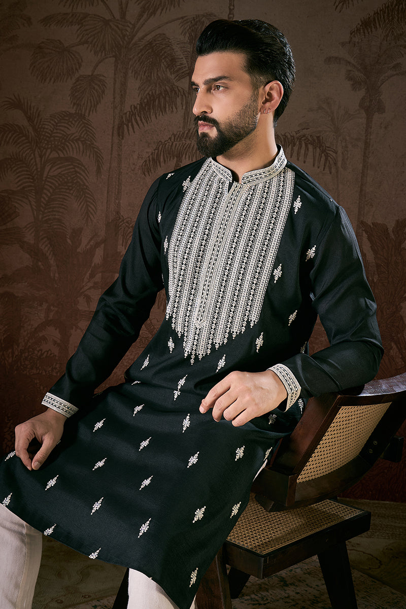 Black Silk Blend Solid Embroidered Straight Kurta With Trouser MKSET1883